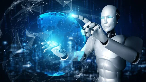 Hominoid Robot Vidröra Hologram Skärm Visar Begreppet Global Kommunikation Nätverk — Stockfoto