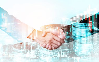 Ekonomik refah ve para teknolojisinin varlık geçmişi üzerine iş tokalaşması. Değerli borsaya yatırım yaparak ekonomik ve finansal büyüme ile refah kar birimi ticareti elde edilir