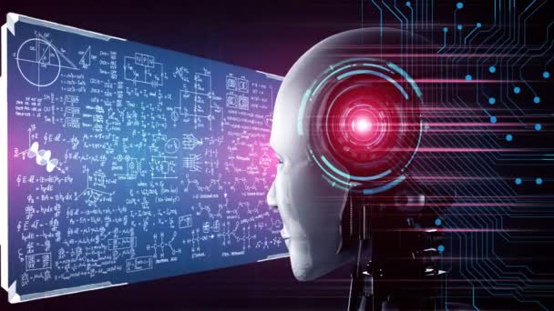 Humanoid Robot Nézi Hologram Képernyő Koncepció Matematikai Számítás Tudományos Egyenlet — Stock videók