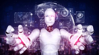 AI hominoid robot holding virtual hologram screen showing concept of big data analytic using artificial intelligence thinking by machine learning process. 3D rendering.