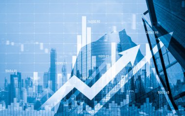 Stock market business concept. Financial graphs and digital indicators with modernistic urban area and skyscrapers as background. Double Exposure.