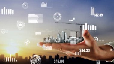 Yenilikçi mimari ve yaratıcı inşaat mühendisliği inşaat projesi. Mimar, işçi ve mühendis tarafından yapılan yaratıcı grafik tasarımı altyapı şehir binası kavramını gösteriyor.