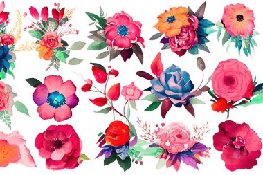 Çiçek buketi, suluboya sanat eserleri dizaynı. Bahar ve yaz çiçekleri elle çizilmiş suluboya tarzında. Dijital sanat 3D illüstrasyon.