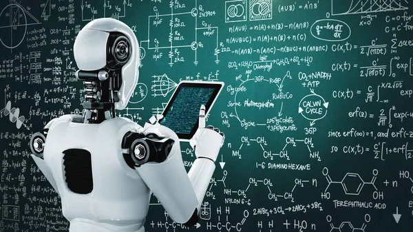 stock image Robot hominoid using tablet computer for engineering science studying using AI thinking brain , artificial intelligence and machine learning process for 4th industrial revolution . 3D rendering