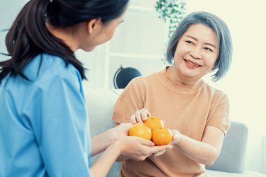 A young caregiver handing oranges to her contented senior patient at the living room. Senior care services, home visit by medical.