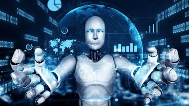 Future financial technology controll by AI robot huminoid uses machine learning and artificial intelligence to analyze business data and give advice on investment and trading decision . 3D rendering .