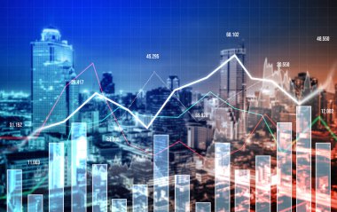 Financial graphs and digital indicators overlap with modernistic urban area, skyscrabber for stock market business concept. Double exposure.