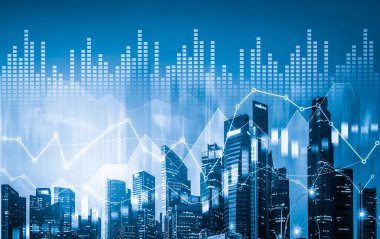 Financial graphs and digital indicators overlap with modernistic urban area, skyscrabber for stock market business concept. Double exposure.