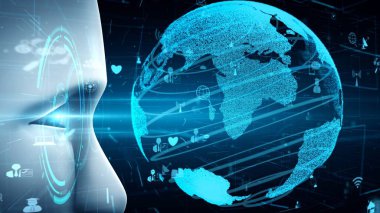 Internet connection controlled by AI robot huminoid and machine learning process to analyze data connectivity and cyber security . 3D rendering .