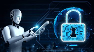 AI robot huminoid uses cloud computing technology to store data on online server . Futuristic concept of cloud information storage analyzed by machine learning process . 3D rendering .