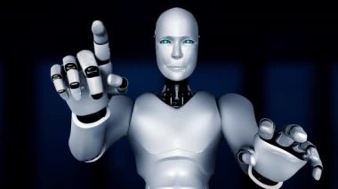 AI hominoid robot touching virtual hologram screen showing concept of big data analytic using artificial intelligence thinking by machine learning process. 3D rendering.