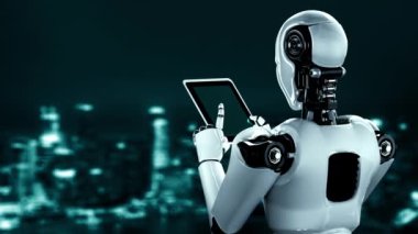 Future financial technology controll by AI robot huminoid uses machine learning and artificial intelligence to analyze business data and give advice on investment and trading decision . 3D rendering .