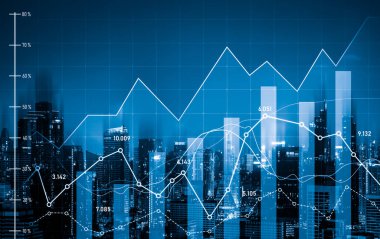 Stock market business concept. Financial graphs and digital indicators with modernistic urban area and skyscrapers as background. Double Exposure.