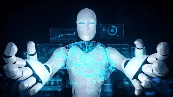 Hominoid Robot Holding Virtual Hologram Screen Showing Concept Big Data — стоковое фото