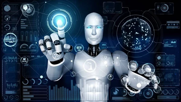 Hominoid Robot Touching Virtual Hologram Screen Showing Concept Big Data — Stockfoto