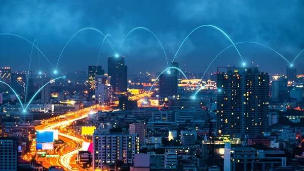 Cidade Digital Inteligente Com Reciprocidade Rede Conexão Sobre Paisagem Urbana — Fotografia de Stock