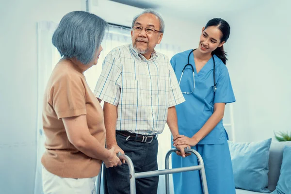 Contented Senior Man Helped Folding Walking His Wife Caregiver Recuperation —  Fotos de Stock