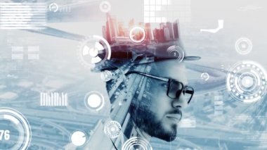 Gelecekteki bina inşaatı ve HUD hologram grafik tasarımı ile yaratıcı mühendislik projesi konsepti. İnşaat mühendisi, mimar ya da inşaat işçisi modern sivil teknoloji ile çalışıyor..