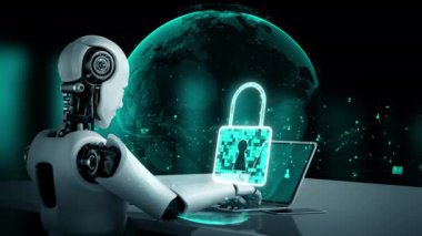 AI robot huminoid uses cloud computing technology to store data on online server . Futuristic concept of cloud information storage analyzed by machine learning process . 3D rendering .