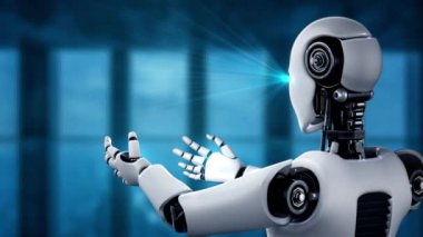 AI hominoid robot holding virtual hologram screen showing concept of big data analytic using artificial intelligence thinking by machine learning process. 3D rendering.