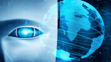 Future financial technology controll by AI robot huminoid uses machine learning and artificial intelligence to analyze business data and give advice on investment and trading decision . 3D rendering .