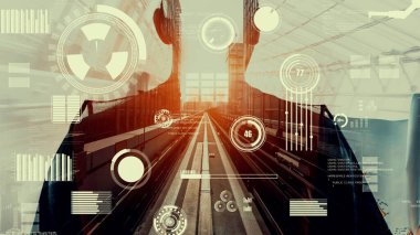 Gelecekteki bina inşaatı ve HUD hologram grafik tasarımı ile yaratıcı mühendislik projesi konsepti. İnşaat mühendisi, mimar ya da inşaat işçisi modern sivil teknoloji ile çalışıyor..