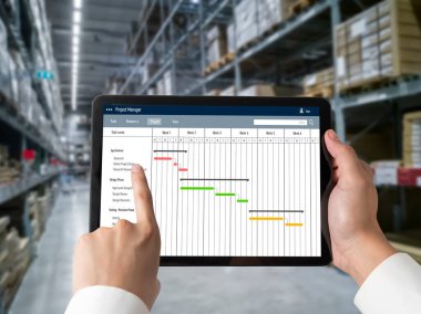 Ekip projesinin zaman çizelgesini gösteren bilgisayar ekranında, modern iş projesi yönetimi için proje planlama yazılımı