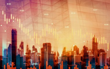 Economic crisis concept shown by declining graphs and digital indicators overlap modernistic city background. Double exposure.