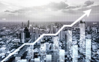 Financial graphs and digital indicators overlap with modernistic urban area, skyscrabber for stock market business concept. Double exposure.