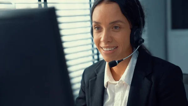 Competent Female Operator Working Computer Talking Clients Concept Relevant Both — Photo