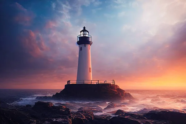 Spectacular sea landscape with lighthouse providing light during sunrise or sunset. Calm sea at coastal lighthouse, with beautiful light in horizon as background. Digital art 3D illustration.