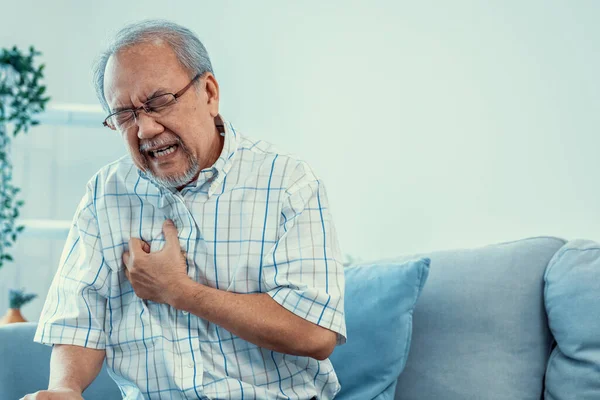 Agonizing Senior Man Suffering Chest Pain Heart Attack Alone His — 图库照片