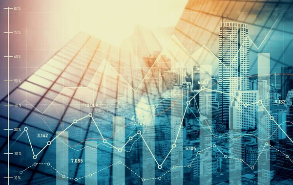 Stock market business concept. Financial graphs and digital indicators with modernistic urban area and skyscrapers as background. Double Exposure.