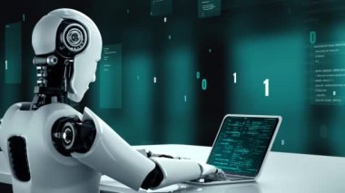 Futuristic robot artificial intelligence huminoid AI programming coding technology development and machine learning concept. Robotic bionic science research for future of human life. 3D rendering.