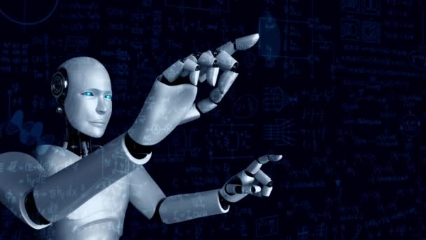 第4次産業革命のための人工知能思考と機械学習プロセスを使用して 数式と科学方程式のAi人型ロボットタッチスクリーン 3Dレンダリング — ストック動画