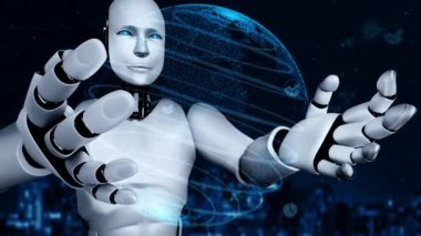 Future financial technology controll by AI robot huminoid uses machine learning and artificial intelligence to analyze business data and give advice on investment and trading decision . 3D rendering .