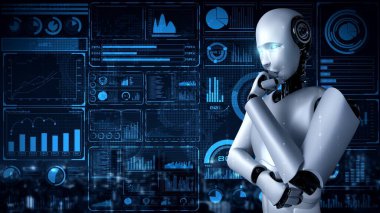 Yapay zeka hominoid robotunun hologram ekranını analiz etmesi, makine öğrenme süreciyle yapay zeka kullanarak büyük veri analizi yaptığını gösteriyor. 3B görüntüleme.