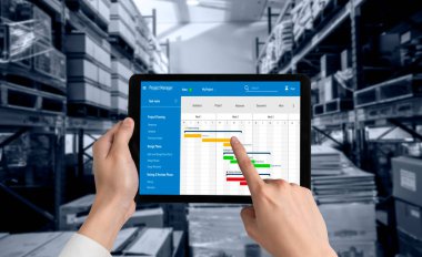 Ekip projesinin zaman çizelgesini gösteren bilgisayar ekranında, modern iş projesi yönetimi için proje planlama yazılımı
