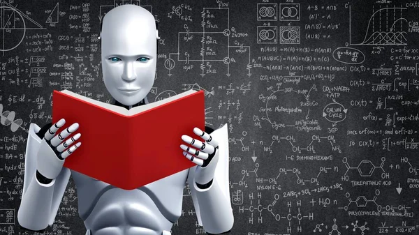 3D rendering of robot hominoid reading book and solving math data analytics in concept of future mathematics artificial intelligence, data mining and 4th fourth industrial automation revolution .