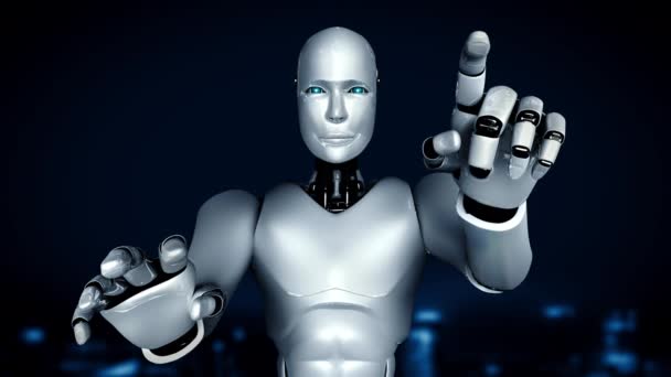 Hominoidní Robot Umělé Inteligence Který Dotýká Hologramu Ukazuje Koncept Globální — Stock video