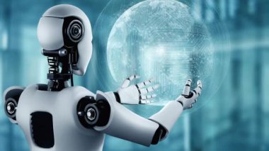AI hominoid robot holding hologram screen shows concept of global communication network using artificial intelligence thinking by machine learning process. 3D rendering computer graphic.
