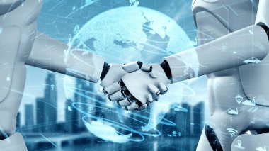 Futuristic robot artificial intelligence huminoid AI transportation analytic technology development and machine learning concept. Global robotic science research for future of human . 3D rendering.