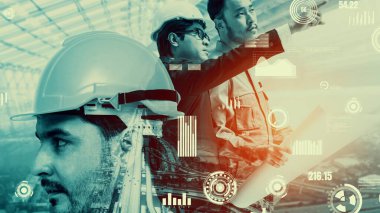 Gelecekteki bina inşaatı ve HUD hologram grafik tasarımı ile yaratıcı mühendislik projesi konsepti. İnşaat mühendisi, mimar ya da inşaat işçisi modern sivil teknoloji ile çalışıyor..