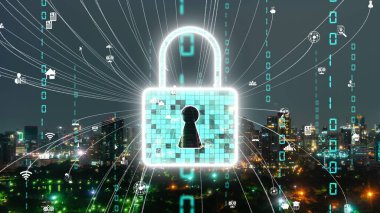 Dijital Platform 'da Siber Güvenlik ve Değişim Veri Koruması. Hackerlar, virüsler ve güvensiz bilgilere karşı çevrimiçi veri erişim savunması için güvenli güvenlik duvarı teknolojisi gösteren grafik arayüzü .