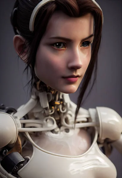 Spectacular portrait of fantasy character of robot girl with realistic human face skin but still remain mechanical torso part. Digital art 3D illustration of semi female robot concept.