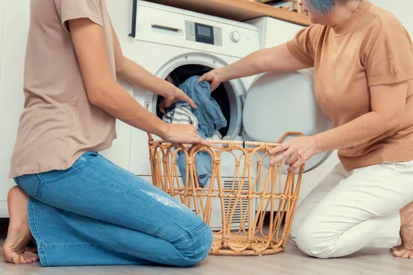 Daughter Mother Working Together Complete Household Chores Washing Machine Happy — Stockfoto