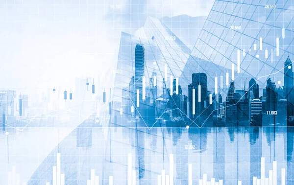 stock image Financial graphs and digital indicators overlap with modernistic urban area, skyscrabber for stock market business concept. Double exposure.