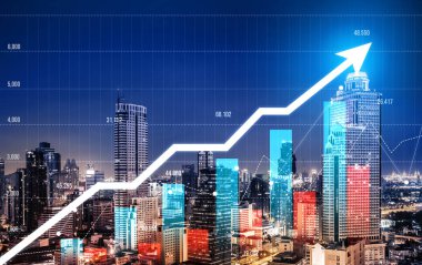 Financial graphs and digital indicators overlap with modernistic urban area, skyscrabber for stock market business concept. Double exposure.