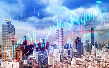 Financial graphs and digital indicators overlap with modernistic urban area, skyscrabber for stock market business concept. Double exposure.