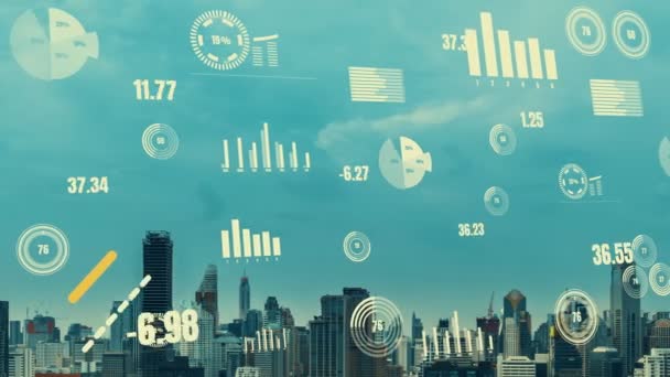 Business Data Analytic Interface Fly Smart City Showing Alteration Future — Stock Video